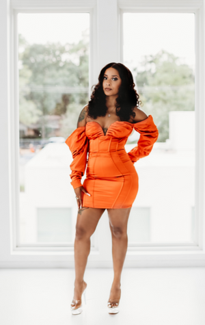 Sunset Orange Puff Sleeve Corset Satin Dress
