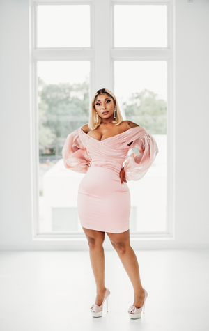 Joy Peach Off Shoulder Balloon Sleeve Dress