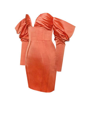 Sunset Orange Puff Sleeve Corset Satin Dress