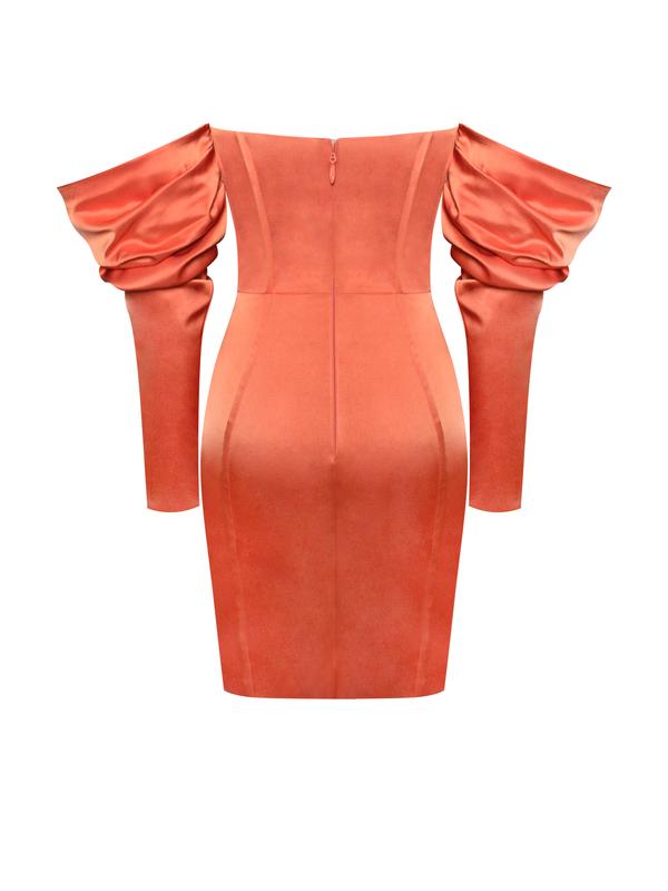 Sunset Orange Puff Sleeve Corset Satin Dress
