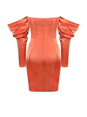 Sunset Orange Puff Sleeve Corset Satin Dress