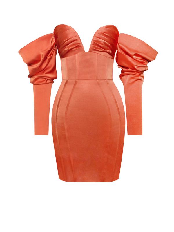Sunset Orange Puff Sleeve Corset Satin Dress