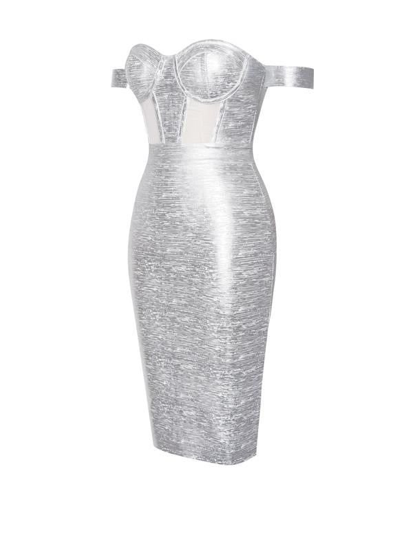 Irreplaceable Off Shoulder Silver Metallic Bandage Dress