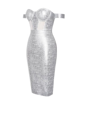 Irreplaceable Off Shoulder Silver Metallic Bandage Dress