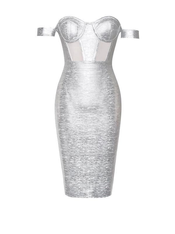Irreplaceable Off Shoulder Silver Metallic Bandage Dress