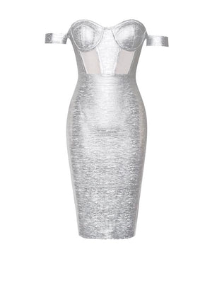 Irreplaceable Off Shoulder Silver Metallic Bandage Dress